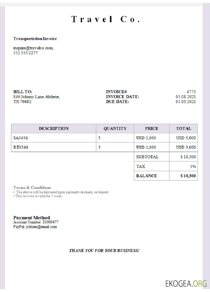 Facture USA Travel Co.
